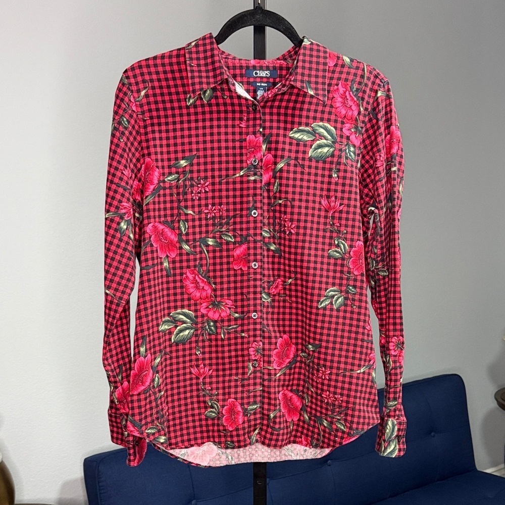 Chaps Red and Black Checkered Floral Print Button Front Long Sleeve Large Top